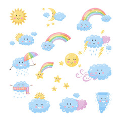 set cute weather for kids. sun, moon, clouds, rainbow, stars.