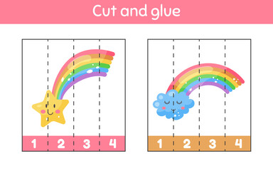 Wall Mural - Cut and glue. Learning numbers. Worksheet for kids kindergarten, preschool and school age. Cute weather. Rainbow, cloud and star.