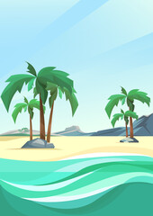 Wall Mural - Desert island coast with palms and mountain. Beautiful nature scenery in vertical orientation.