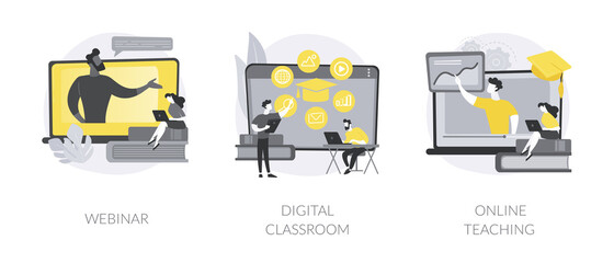 Online education abstract concept vector illustration set. Webinar, digital classroom, online teaching, smart flipped classroom, video course, peer level meetings, elearning abstract metaphor.