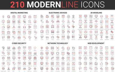 Wall Mural - 210 modern red black thin line icons set of cyber security, network technology, web development, dig