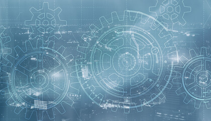 Wall Mural - Illustration Gears on modern architecture background. Business processes concept