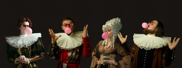 Wall Mural - Blowing pink bubble gums. Medieval people as a royalty persons in vintage clothing on dark background. Concept of comparison of eras, modernity and renaissance, baroque style. Creative collage. Flyer