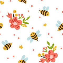 Wall Mural - Honey Bee kids seamless pattern, cute bumble bee digital paper, cartoon insects and summer flowers, nursery seamless background for baby textile, scrapbooking, wrapping paper, wallpaper