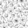 Floral seamless pattern. Texture for print, fabric, textile, wallpaper. Hand drawn ink illustration in line art style. Isolated on white background.