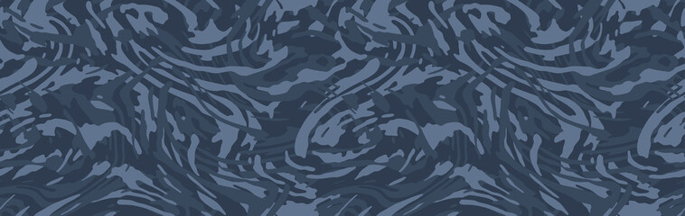 Stylish zebra pattern camouflage, modern fashion design. Grunge camo military uniform. Blue navy sea shade color, fashionable, fabric. Vector seamless texture.