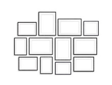 Black Frames Collection, Twelve Blank Frameworks Set Isolated On White Wall, Interior Decor Mock Up, 3d Illustration