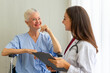 © ake - Caucasian old senior depressed upset woman patient on wheelchair talking to medical doctor with stethoscope  in hospital