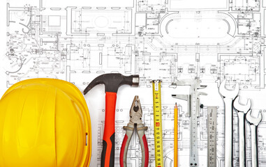 construction drafts and tools background