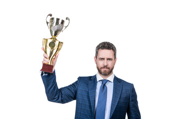 Motivation of success. Bearded man in formalwear hold golden cup. Motivation and stimulation