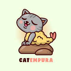  CUTE GRAY CAT IN TEMPURA COSTUME SIT ON A BIG STONE. 