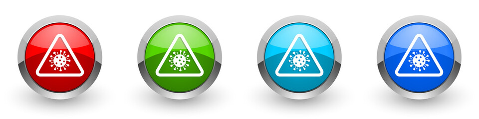 Aufkleber - Coronavirus triangle warning sign, covid-19 caution silver metallic glossy icons, set of modern design buttons for web, internet and mobile applications in four colors options