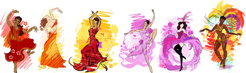 Wall Mural - Set of colorful sketches with flamenco, indian, oriental, cancan, samba and contemporary dancers