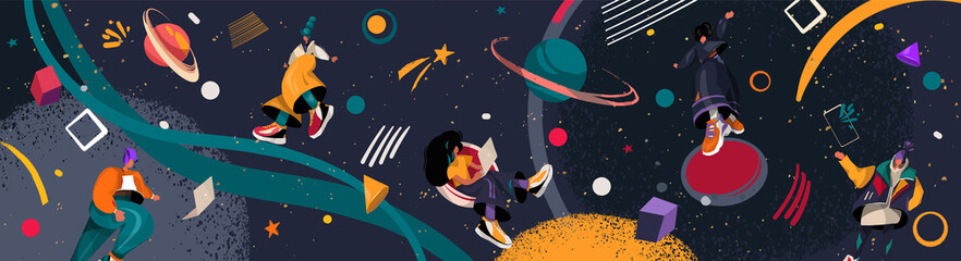 set of illustrations with abstract people - young woman, man. background, lifestyle, street fashion.