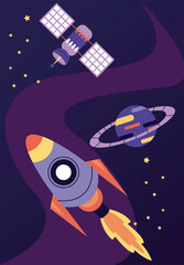 Wall Mural - rocket and satellite with planet space scene