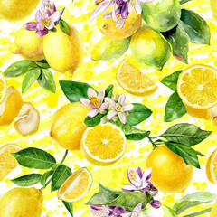 Wall Mural - Watercolor seamless pattern lemons on a color background.