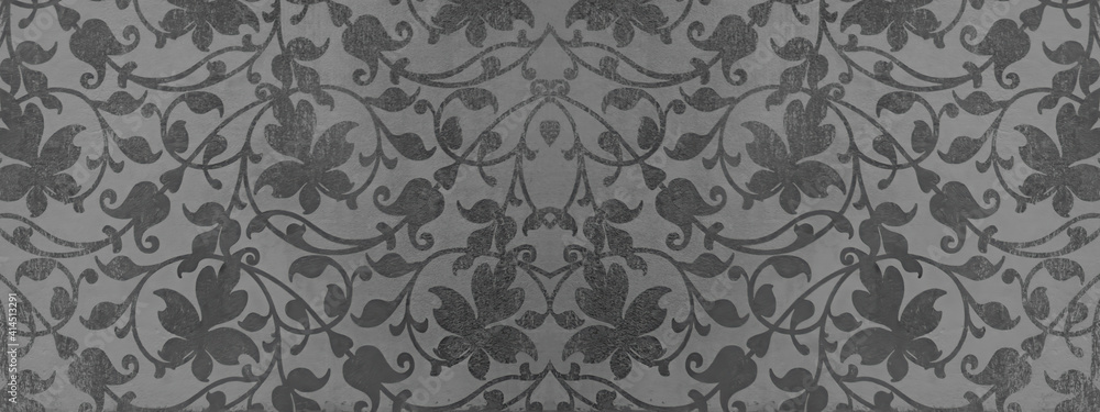 Old gray anthracite vintage shabby damask floral flower patchwork tiles stone concrete cement wallwallpaer texture background banner panorama - obrazy, fototapety, plakaty 