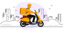 Food Delivery Moto Scooter Driver With Orange Backpack Behind Back Is On His Way To Deliver Food. Courier On Scooter Delivering Food.