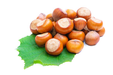 Poster - natural hazelnuts with green leaf isolated on white
