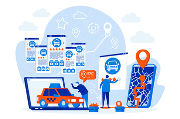 Leinwandbilder - Taxi booking web design concept with people characters. Man booking taxi via mobile app scene. Online car service composition in flat style. Vector illustration for social media promotional materials.