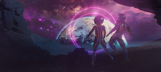 Wall Mural - bodyflying astronauts on alien rocky planet without enough gravity with earth on background