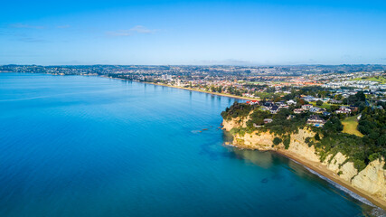 Wall Mural - Aerial view of a beautiful suburb on the shore of a quiet harbour on a sunny morning. Auckland, New Zealand