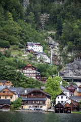 Canvas Print - Europe, Austria, Hallstatt, Town of Hallstatt as seen from Lake Hallstatt which is part of the Salzkammergut Cultural Landscape, UNESCO World Heritage Site