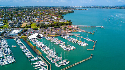 Wall Mural - Aerial view on the boats resting in a marina. Auckland, New Zealand.