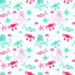 Cheerful hand drawn vector seamless pattern with different sea animals. Cartoon characters. Octopus, fish, crabs, shellfish, sea, ocean, seashells. Summer and children's background