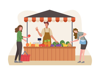 Wall Mural - Local market sell vegetables and fruit. Vegetable and fruit seller, Local farmer sell their crops. Market stalls business concept, Local market farmer shops. Vector illustration in a flat style