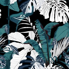  Fashionable seamless tropical pattern with blue tropical bananas monstera leaves on a black background. Beautiful exotic plants. Trendy summer Hawaii print. Line stylish floral.