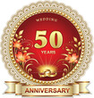 50th Anniversary, wedding card with golden numbers 50 years and rings in a round frame with beads on a red background with lily flowers. Vector illustration