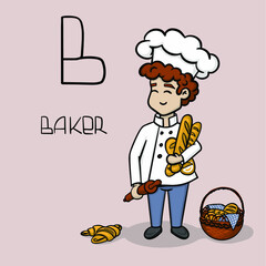 Profession starting with b - baker. Cute vector little man with bread, ciabatta, bun. Little chef