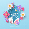Vector festive banner with layered cutout paper egg, realistic 3D fur ears of bunny and spring flowers on blue polka dot background. Childish holiday layout with text Happy Easter for greeting card.