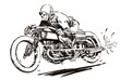 Man from early 20th century riding antique racing motorcycle at high speed