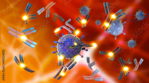 A monoclonal antibody (mAb or moAb) is an antibody made by cloning a unique white blood cell. All subsequent antibodies derived this way trace back to a unique parent cell. Coronavirus. 3d render © Naeblys