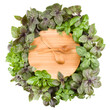 Round wooden cutting board with spoons. Various sweet basil herb leaves edged.. Healthy food concept. Top view.