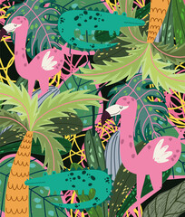 Sticker - cartoon jungle animals flamingos crocodiles tropical palm tree foliage