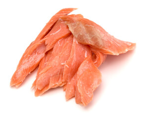 smoked salmon segments isolated on white background cutout. Prepared fish fillet fibres.