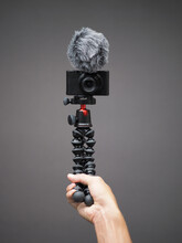 Close-up Of Man Making Selfie Video For Vlogging. Blog Concept.