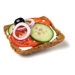 Poster - Open faced sandwich crostini isolated on white background closeup. Vegetarian canape with tomato and cucumber. Appetizer tartarine.