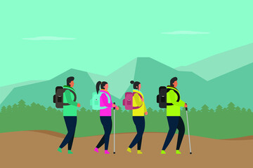 Hing vector concept: Group f of teenagers hiking the mountain together while carrying the backpack