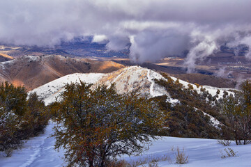 Wall Mural - Lake Mountains Peak winter snow mountain hiking trail views via Israel Canyon towards Radio Towers, Utah Lake, Wasatch Front Rocky Mountains, Provo, Utah County. United States.