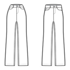 Wall Mural - Set of Jeans Denim pants technical fashion illustration with full length, normal low waist, high rise, 5 pockets, Rivets. Flat bottom template front, white color style. Women, men, unisex CAD mockup