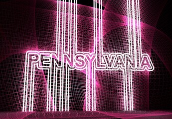 Image relative to USA travel. Pennsylvania state name in geometry style design. Creative vintage typography poster concept. 3D rendering. Neon shine