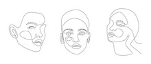 Continuous Line Drawing Of Portrait Of A Beautiful Woman's Faces With Abstact Shapes. Beauty Minimal Style Portrait. Vector Illustration For T-shirt, Slogan Design Print Graphics Style