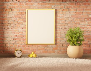 Wall Mural - Empty frame on a brick wall with morning sunlight. 3D rendering.