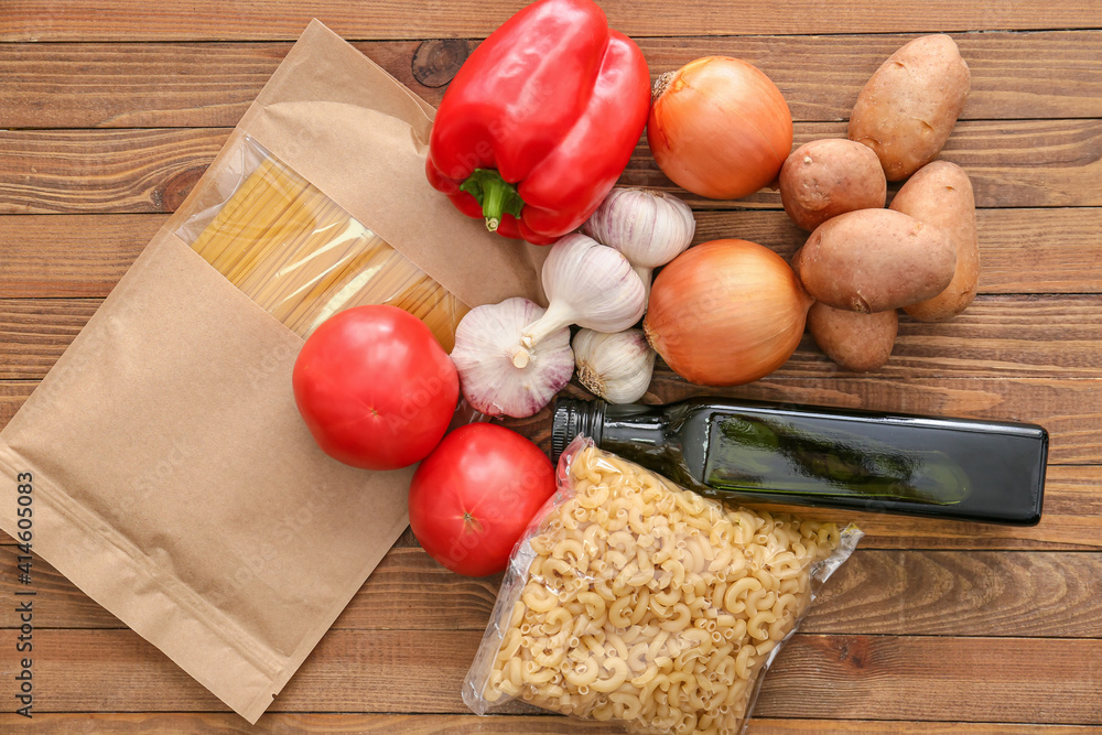 Different products on wooden background