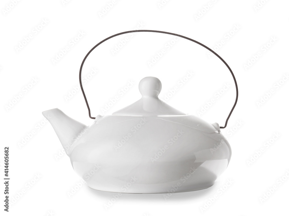 Stylish teapot on white background