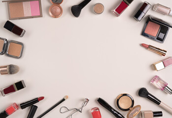 Makeup professional cosmetics on white background. Flat lay image with copy space.